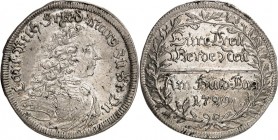Brandenburg-Ansbach. 
Karl Wilhelm Friedrich 1729-57. Doppelgroschen 1729 Geharn. Brustb. n.r./ 4 Zeilen deutsche Schrift im Lorbeerkranz. Slg.Wilm.&...