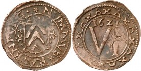 Brandenburg-Preussen. 
Georg Wilhelm 1619-1640. Cu-6 Pfennig 1621 Bielefeld. Wappen / Wertzahl Stange 167a. Neum.&nbsp; 10.129. . 


Schrf.,ss
