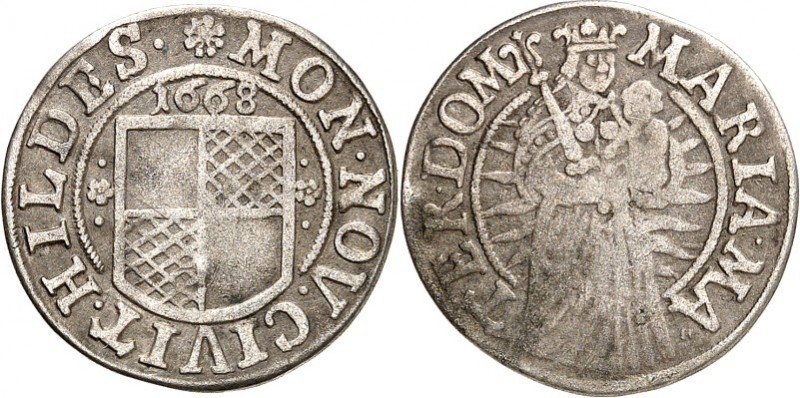 Hildesheim-Stadt. 
Mariengroschen 1668 Quadr. spanischer Schild; oben Jahr / Ma...