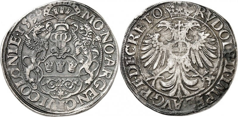 Köln-Freie Reichsstadt. 
z.Z. Rudolph II. 1576-1612. Reichstaler 1590 Behelmtes...