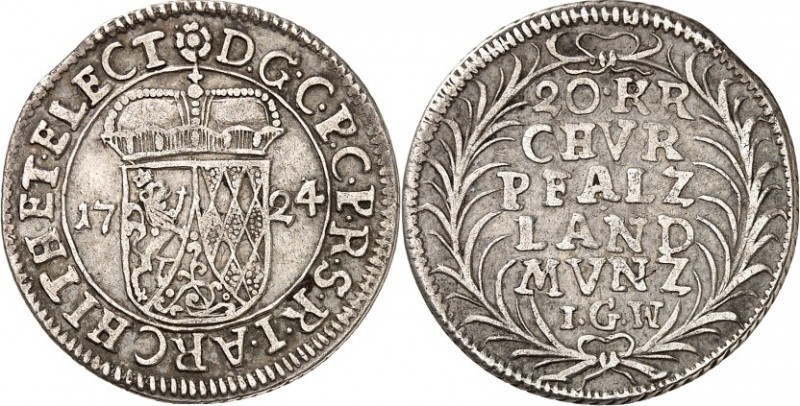 Pfalz-Kurlinie. 
Karl Philipp 1716-1742. 20 Kreuzer 1724 IGW Heidelberg, Kurhut...