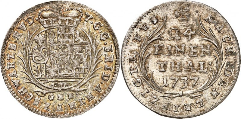 Schwarzburg-Rudolstadt. 
Friedrich Anton 1718-1744. 1/24 Taler 1737 Gekröntes r...