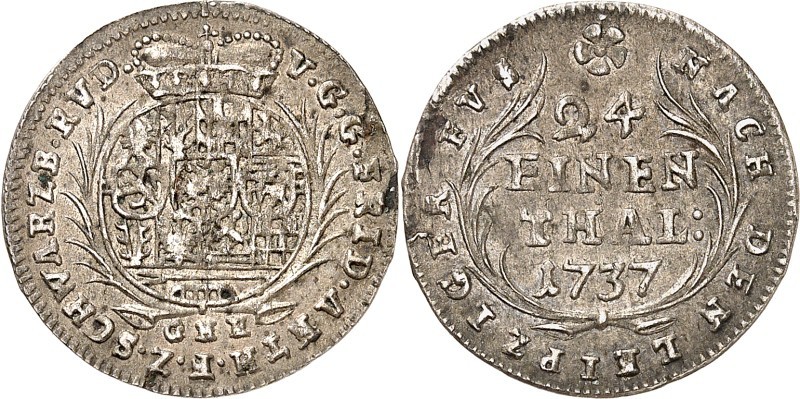 Schwarzburg-Rudolstadt. 
Friedrich Anton 1718-1744. 1/24 Taler 1737 Gekröntes r...