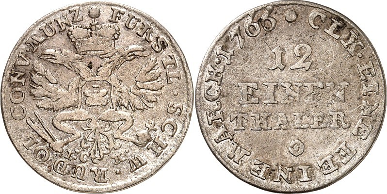 Schwarzburg-Rudolstadt. 
Johann Friedrich 1744-1767. 1/12 Taler 1766 Gekr. Dopp...