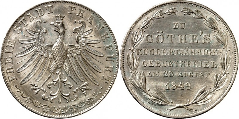 Frankfurt. 
Doppelgulden 1849 Goethe. AKS&nbsp; 41, J.&nbsp; 48, Th.&nbsp; 137....