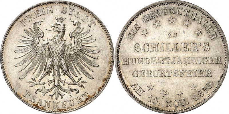 Frankfurt. 
Vereinstaler 1859 Schiller. AKS&nbsp; 43, J.&nbsp; 50, Th.&nbsp; 13...