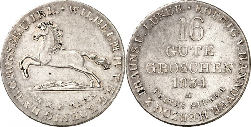 Hannover, Kgr.. 
Wilhelm IV. 1830-1837. 16 Gute Groschen Feinsilber 1834 A, sig...