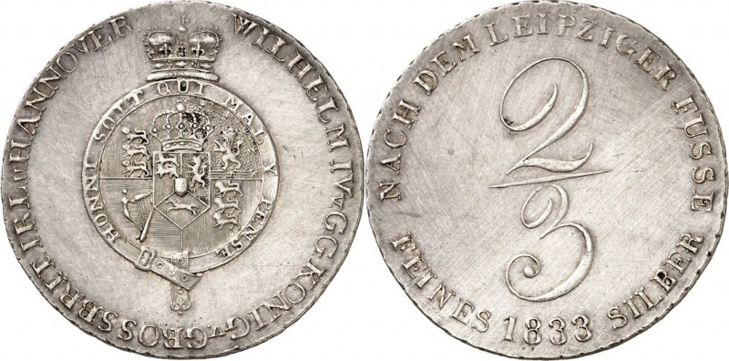 Hannover, Kgr.. 
Wilhelm IV. 1830-1837. 2/3 Taler Feinsilber 1833. AKS&nbsp; 67...