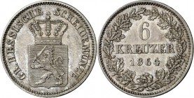 Hessen-Darmstadt. 
Ludwig III. 1848-1877. 6 Kreuzer 1864. AKS&nbsp; 126, J.&nbsp; 58. . 


vz-St