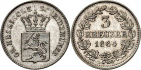 Hessen-Darmstadt. 
Ludwig III. 1848-1877. 3 Kreuzer 1864. AKS&nbsp; 128, J.&nbsp; 57. . 


ss-vz