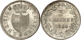 Hohenzollern-Sigmaringen. 
Carl 1831-1848. 3 Kreuzer 1844. AKS&nbsp; 15, J.&nbsp; 10. . 


l. Prägeschwäche am Rd.,St