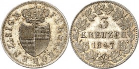 Hohenzollern-Sigmaringen. 
Carl 1831-1848. 3 Kreuzer 1847. AKS&nbsp; 15, J.&nbsp; 10. . 


vz-St
