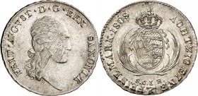 Sachsen, Königreich. 
Friedrich August I. (1763-)1806-1827. 1/6 Taler (1/8 Konv.-Taler) 1808. AKS&nbsp; 37, J.&nbsp; 19. K.1235. 


rauer Schrötl....