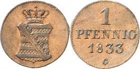 Sachsen, Königreich. 
Anton 1827-1836. Cu- Pfennig 1833 G Cu. AKS&nbsp; 80, J.&nbsp; 46. . 


ss-vz