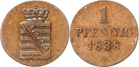 Sachsen, Königreich. 
Friedrich August II. 1836-1854. Cu- Pfennig 1837, 1838 G. AKS&nbsp; 111, J.&nbsp; 69. . 


vz