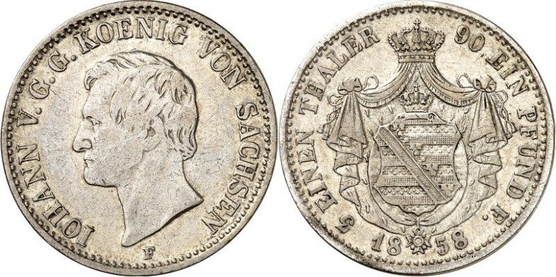Sachsen, Königreich. 
Johann 1854-1873. 1/3 Taler 1858 F. AKS&nbsp; 139, J.&nbs...