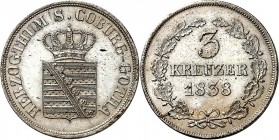 Sachsen-Coburg-Gotha. 
Ernst I. 1806-1844. 3 Kreuzer 1838. AKS&nbsp; 85a, J.&nbsp; 264. R. 


min. Schrf.,vz