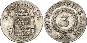 Sachsen-Meiningen. 
Bernhard Erich Freund, unter Vormundschaft (1803-)1806-1821. 3 Kreuzer 1808. AKS&nbsp; 170, J.&nbsp; 403. . 


kl. Rdf.,,ss