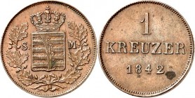 Sachsen-Meiningen. 
Bernhard Erich Freund, selbstständig 1822-1866. Cu- Kreuzer 1842. AKS&nbsp; 205, J.&nbsp; 436. . 


kl.Flecken u.Stplriss,vz-