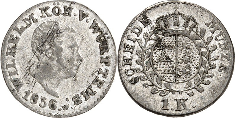 Württemberg. 
Wilhelm I. 1816-1864. Kreuzer 1836. AKS&nbsp; 108, J.&nbsp; 40. ....