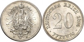 KAISERREICH-Kleinmünzen. 
20&nbsp;Pfennig 1876E Ag. Alter Adler. J.&nbsp; 5. . 


vz-St