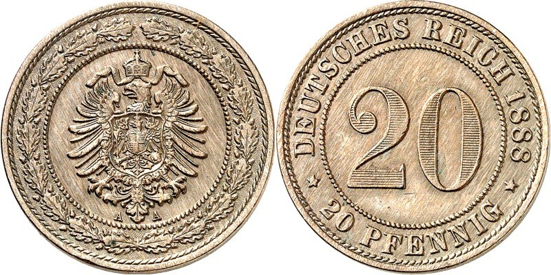 KAISERREICH-Kleinmünzen. 
20&nbsp;Pfennig 1888A CuNi. Alter Adler. J.&nbsp; 6. ...