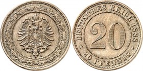 KAISERREICH-Kleinmünzen. 
20&nbsp;Pfennig 1888A CuNi. Alter Adler. J.&nbsp; 6. . 


vz-