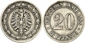 KAISERREICH-Kleinmünzen. 
20&nbsp;Pfennig 1888E Cu-Ni. Alter Adler. J.&nbsp; 6. . 


ss