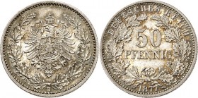KAISERREICH-Kleinmünzen. 
50&nbsp;Pfennig 1877B Adler im Eichenkranz. J.&nbsp; 8. . 


vz-St