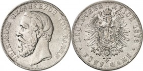 KAISERREICH. 
BADEN, Großherzogtum. 
5 Mark 1876 Friedrich I., ohne Querstrich. J.&nbsp; 27F. . 


s-ss