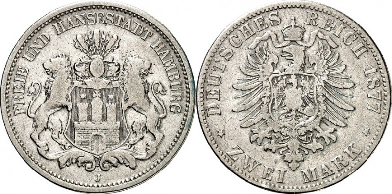 KAISERREICH. 
HAMBURG, Freie und Reichsstadt. 
2 Mark 1877 Stadtwappen. J.&nbs...