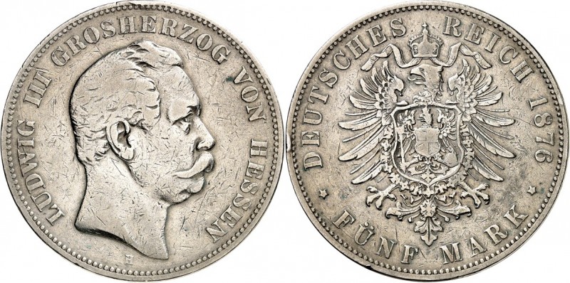 KAISERREICH. 
HESSEN, Großherzogtum. 
5&nbsp;Mark 1876 Ludwig III. J.&nbsp; 67...