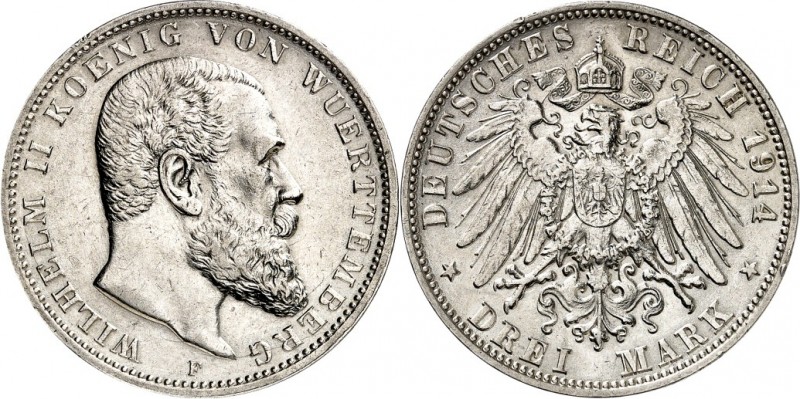 KAISERREICH. 
WÜRTTEMBERG, Königreich. 
3 Mark 1914 Wilhelm II. J.&nbsp; 175. ...