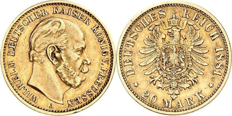 REICHSGOLD. 
PREUSSEN. 
20 Mark 1881A Wilhelm I. J.&nbsp; 246. . 


GOLD ss