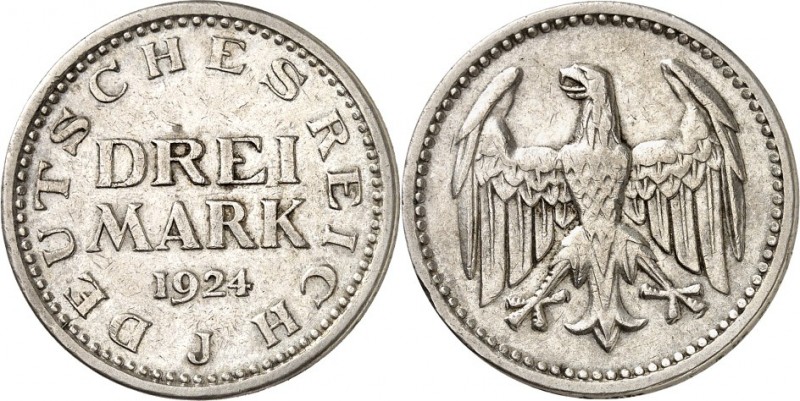 WEIMARER REPUBLIK. 
KURSMÜNZEN. 
3 Mark 1924J. J.&nbsp; 312. . 


ss