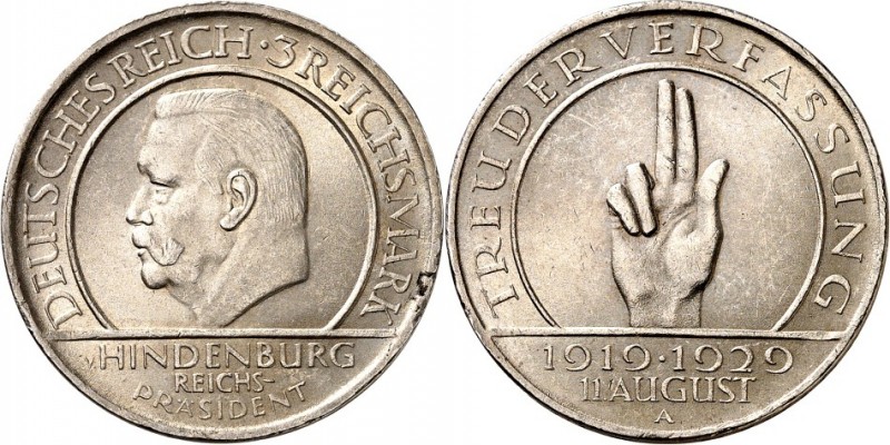 WEIMARER REPUBLIK. 
GEDENKMÜNZEN. 
3 Reichsmark 1929A Verfassung. J.&nbsp; 340...