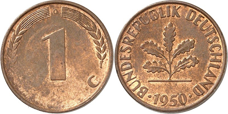 BUNDESREPUBLIK. 
VERPRÄGUNGEN / FEHLPRÄGUNGEN. 
1 Pfennig 1950G schwach gepräg...