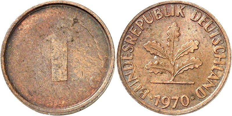 BUNDESREPUBLIK. 
VERPRÄGUNGEN / FEHLPRÄGUNGEN. 
1 Pfennig 1970 (o.Mz) Wertseit...