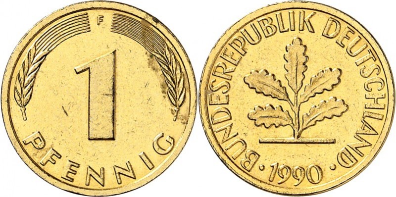 BUNDESREPUBLIK. 
VERPRÄGUNGEN / FEHLPRÄGUNGEN. 
1 Pfennig 1990F Tombak plattie...