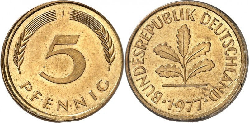 BUNDESREPUBLIK. 
VERPRÄGUNGEN / FEHLPRÄGUNGEN. 
5 Pfennig 1977J l. dztr., 3/4R...