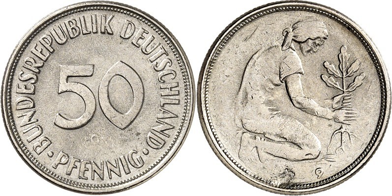 BUNDESREPUBLIK. 
VERPRÄGUNGEN / FEHLPRÄGUNGEN. 
50 Pfennig (.)9 G Verprägte Jz...