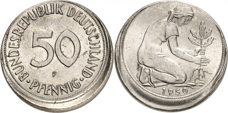 BUNDESREPUBLIK. 
VERPRÄGUNGEN / FEHLPRÄGUNGEN. 
50 Pfennig 1950F glatter Rd.!,...