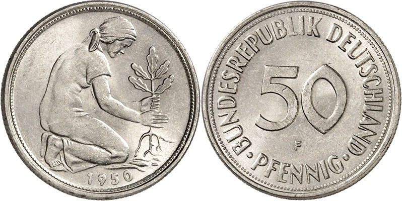 BUNDESREPUBLIK. 
VERPRÄGUNGEN / FEHLPRÄGUNGEN. 
50 Pfennig 1950F geriffelt, fe...