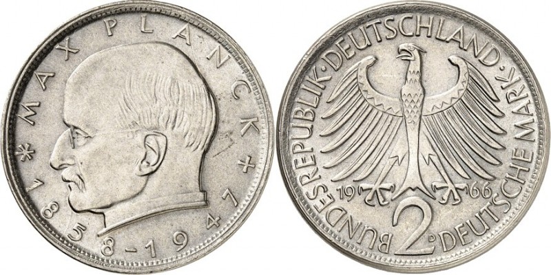 BUNDESREPUBLIK. 
VERPRÄGUNGEN / FEHLPRÄGUNGEN. 
2 DM 1966 D Max Planck Cu-Ni, ...