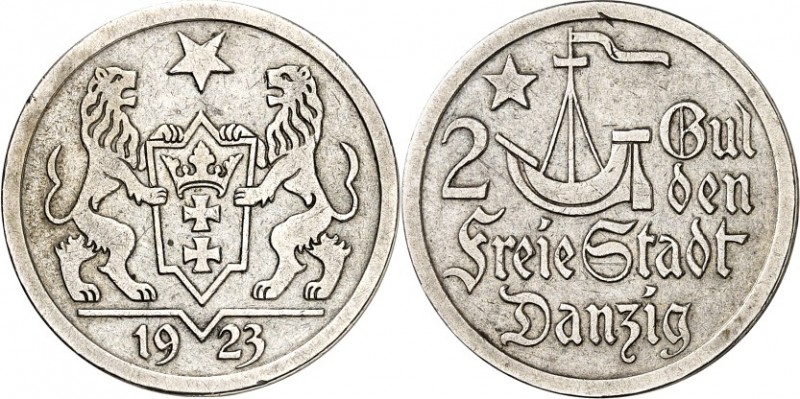 NEBENGEBIETE UND KOLONIEN. 
FREIE STADT DANZIG. 
2 Gulden 1923 Ag. J. D8. . 
...