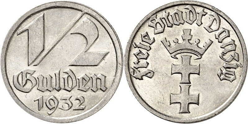 NEBENGEBIETE UND KOLONIEN. 
FREIE STADT DANZIG. 
1/2 Gulden 1932 Ni. J. D.14. ...