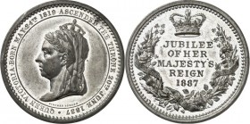 EUROPA. 
GROSSBRITANNIEN. 
Victoria 1837-1901. Medaille 1887 (v. Pinches, London) a. d. 50-jähr. Regierungsjubiläum am 20. Juni 1887. Gekr. Büste n....