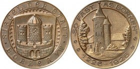 DEUTSCHE STÄDTE. 
Alphabetisch. 
BORKEN. Medaille 1926 (o. Sign.) a.d.700 Jahrfeier. Stadtwappen / Ansicht eines Stadtmauerturms. Br-38,5 mm. . 

...