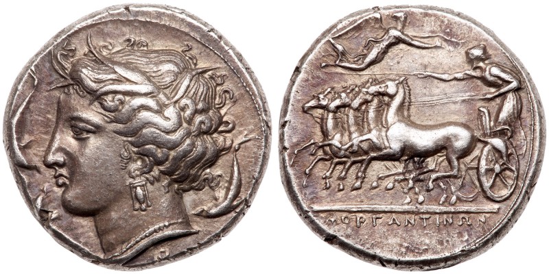Sicily, Morgantina. Silver Tetradrachm (17.09 g), ca. 340 BC. Head of Kore-Perse...