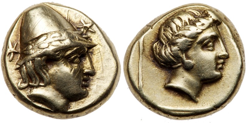 Lesbos, Mytilene. Electrum Hekte (2.56 g), ca. 377-326 BC. Head of Kabeiros righ...